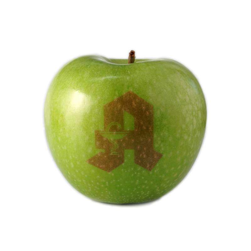 Apfel graviert - Obst laser graviert mit Logo von Apotheke - Essbare Werbefläche